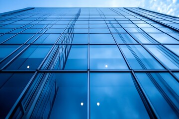 Sticker - Low angle view of a modern glass skyscraper facade, blue sky and clouds reflecting in the windows