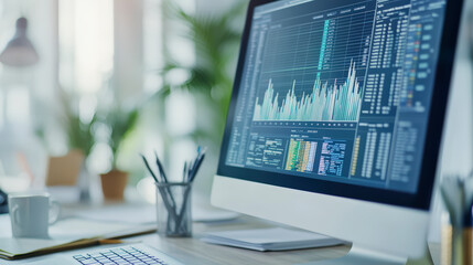 Wall Mural - a computer displaying financial graphs and stock market data in a modern, well-lit office setting, w