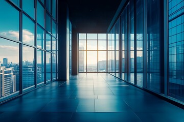 Poster - Modern office corridor with panoramic city view and sunlight shining through large windows