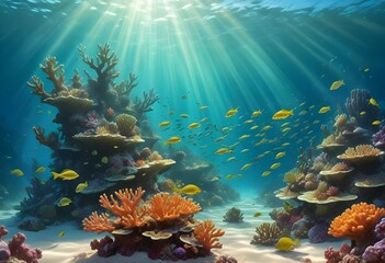 A vibrant underwater coral reef scene with colorful tropical fish swimming among the coral formations, with sunlight streaming down from the surface of the water