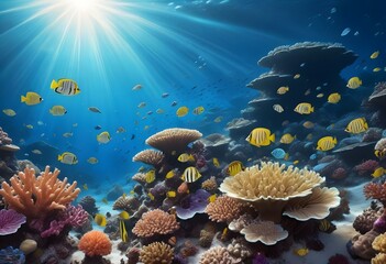 A vibrant underwater coral reef scene with colorful tropical fish swimming among the coral formations, with sunlight streaming down from the surface of the water