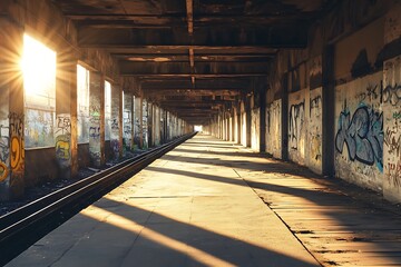 Sticker - Sunbeams illuminate an abandoned industrial building with graffiti and a train track in the middle