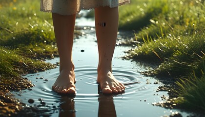 Wall Mural - Barefoot woman in a puddle, embracing nature and lifestyle, blending grass and water in a photorealistic setting