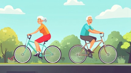 Poster - Senior couple cycling in a sunny park.