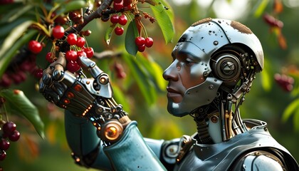 Gardener Harvesting Cherries in a Lush Garden Surrounded by Colorful Flowers and Healthy Plants