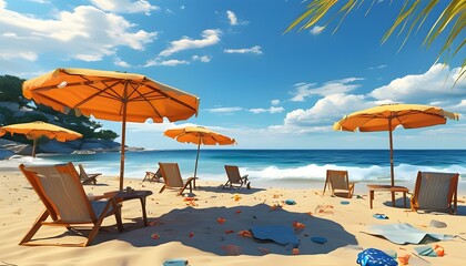 Wall Mural - Chairs and umbrellas create a picturesque beach scene, embodying the essence of a perfect seaside getaway.