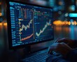 © Nawarit - Stock trading with a person monitoring stock prices on a computer, professional style, sharp focus, bright lighting, high detail
