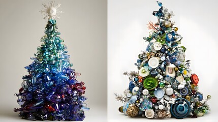 Modern and artistic sustainable Christmas tree made from recycled materials. This eco-friendly holiday decor concept emphasizes the importance of sustainability