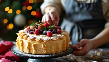 Wall Mural - Delicate artistry of cake decoration celebrating joyful holidays and sweet moments through culinary creativity