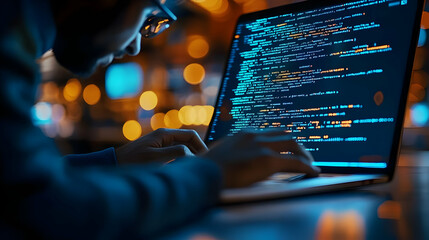 Programmer Working on Laptop at Night - Realistic Image
