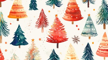 Wall Mural - Watercolor Christmas Trees Seamless Pattern