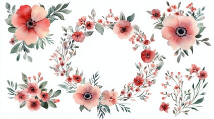 Sticker - Watercolor floral elements with delicate pink and red blossoms.