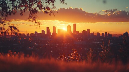 Wall Mural - Sunset over a City Skyline with a Glowing Sky