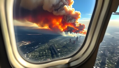 Dramatic aerial view of a city skyline with flames illuminating the horizon from a distant fire