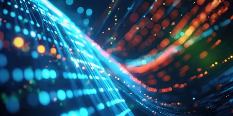 Poster - Data stream flows in dynamic pattern with power rays and light. Information concept conveyed through futuristic digital flow. Technology background with 3D rendering.
