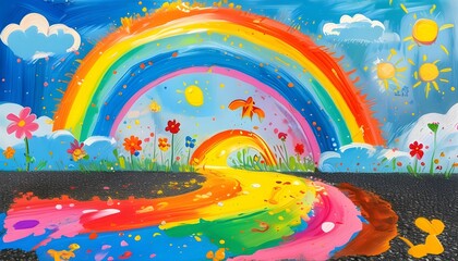 Wall Mural - Vibrant Childrens Chalk Art on Asphalt Showcasing Imagination and Fantasy in a Rainbow of Colors