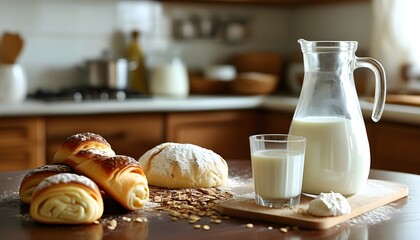 Delicious assortment of pastries and a refreshing glass of milk on a kitchen table, highlighting healthy snacks and tasty treats for a wholesome lunch