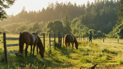 Sticker - Horses Grazing in a Field at Sunset