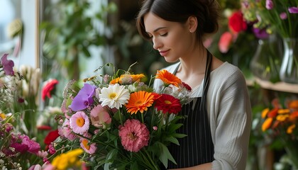 Wall Mural - Woman crafting a vibrant bouquet in a floral shop, showcasing diverse blooms amidst a backdrop of natural beauty and intricate macro details