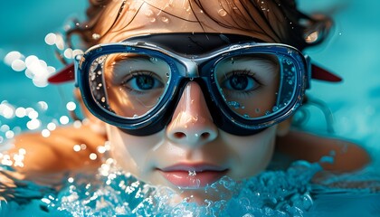 Canvas Print - Macro view of swimming goggles floating in clear blue pool water, capturing the essence of recreation and aquatic hobbies in a vibrant, AI-generated wallpaper design