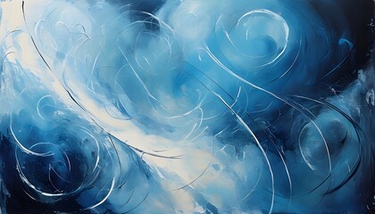 Wall Mural - Dynamic Blue and White Abstract Artwork with Flowing Swirls and Intricate Lines