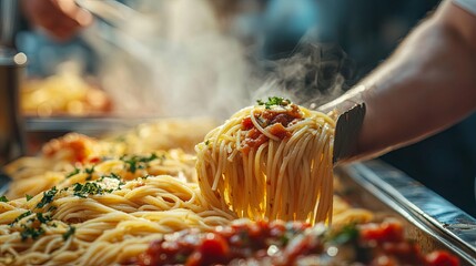 Steaming Spaghetti with Tomato Sauce Served on a Buffet Table