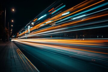 Canvas Print - Abstract light trails of speeding cars on highway at night.  Blurred urban background with colorful streaks. Dynamic, modern transportation design.