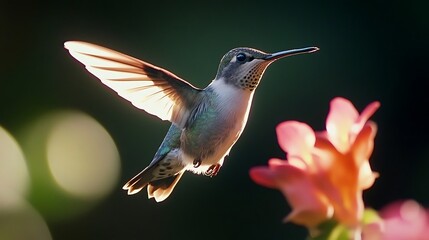 Poster - Hummingbird in Flight with Pink Flower