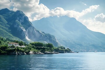 Wall Mural - Mountain range with waterfalls and a house on the shore of a blue lake