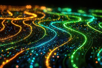 Abstract colorful light waves and glowing particles background