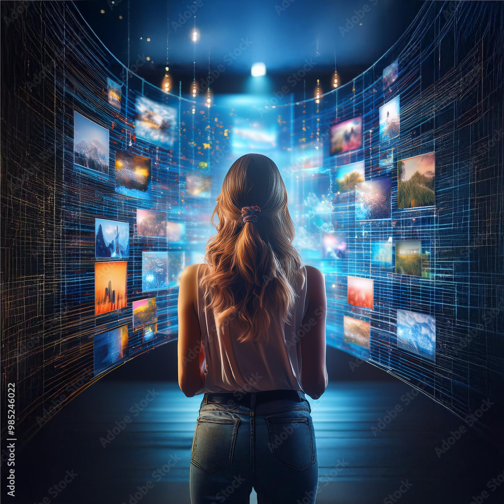 Metaverse Stream Backview Of Caucasian Woman Connecting to Animated Stream Of Content ...