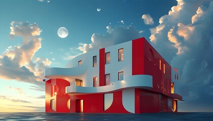 Wall Mural - Stunning red and white architecture under a cloudy sky with a glowing moon in the backdrop