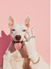 Wall Mural - A white bull terrier dog with a diamond ring on its nose holds the hands of a woman adorned with luxury rings, set against a pastel pink background.Minimal creative fashion juwelry concept.Copy space.