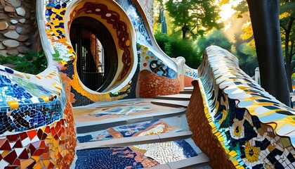 Wall Mural - Vibrant Mosaic Entrance of Gaudis Park Guell Bathed in Morning Light Celebrating Artistic Heritage and Iconic Architectural Design