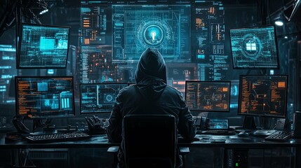 Hooded Figure Sitting in Front of Multiple Computer Monitors with Blue and Orange Code Displayed on the Screens