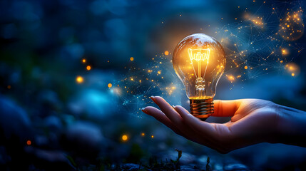 Wall Mural - Glowing Light Bulb in Hand Abstract Background