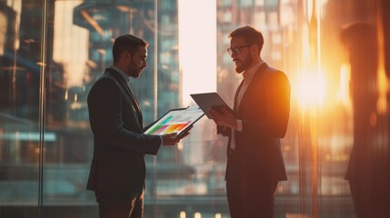 Business Partners Collaborating in Modern Office at Sunset