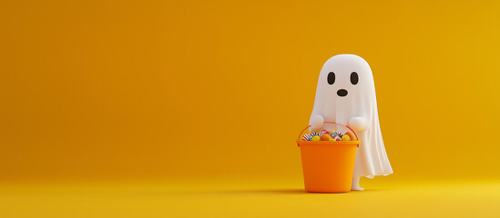 A child dressed as a ghost holds out a yellow bucket for candy, waving against a yellow background, with ample space for copy space.