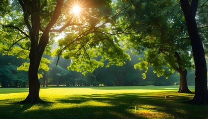 Wall Mural - Sunlight Dancing Through Trees Over a Lush Green Lawn in a Tranquil Park on a Vibrant Summer Day