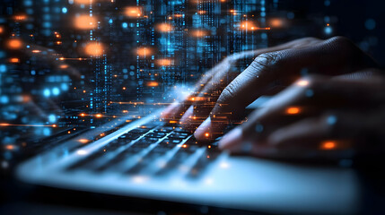 Abstract Background -  Hands Typing on a Laptop with Glowing Code