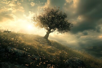 Canvas Print - Lonely Tree on Hilltop with Dramatic Sky, Nature, Landscape, Sunrise, Fantasy, Hope