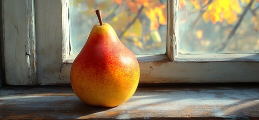 Wall Mural - Ripe yellow pear on a windowsill with a blurred autumn background.