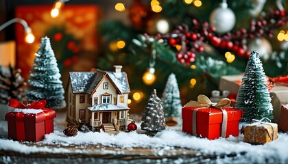 Poster - Warm and Inviting Christmas Atmosphere with House Model, Presents, and Holiday Accents in a Charming Rustic Environment