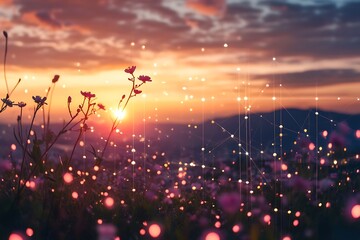 Wall Mural - Magical sunset over field of flowers with glowing lights and bokeh