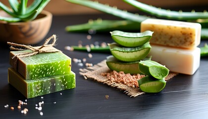 Wall Mural - Natural Aloe Vera Soap Bars alongside Fresh Aloe Plant on Dark Table, Embracing Wellness and Organic Skincare