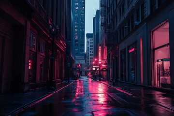 Neon lights reflect on wet city street at night. Urban cityscape with vibrant color and moody lighting.