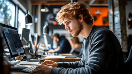 Focused Young Man Typing on Computer - Realistic Image