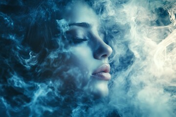 Poster - Woman surrounded by ethereal blue smoke, dreaming or lost in thought.