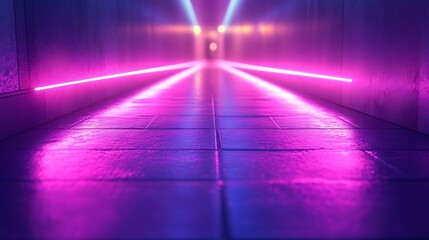 Wall Mural - Neon lights illuminate a long, narrow hallway with a tiled floor.