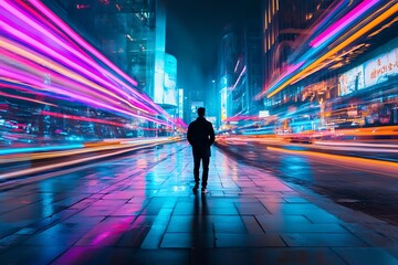 Wall Mural - Silhouette of a Man Standing in a City Street at Night with Neon Lights